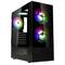 Case nero per computer con lato trasparente che mostra ventole RGB colorate all'interno.