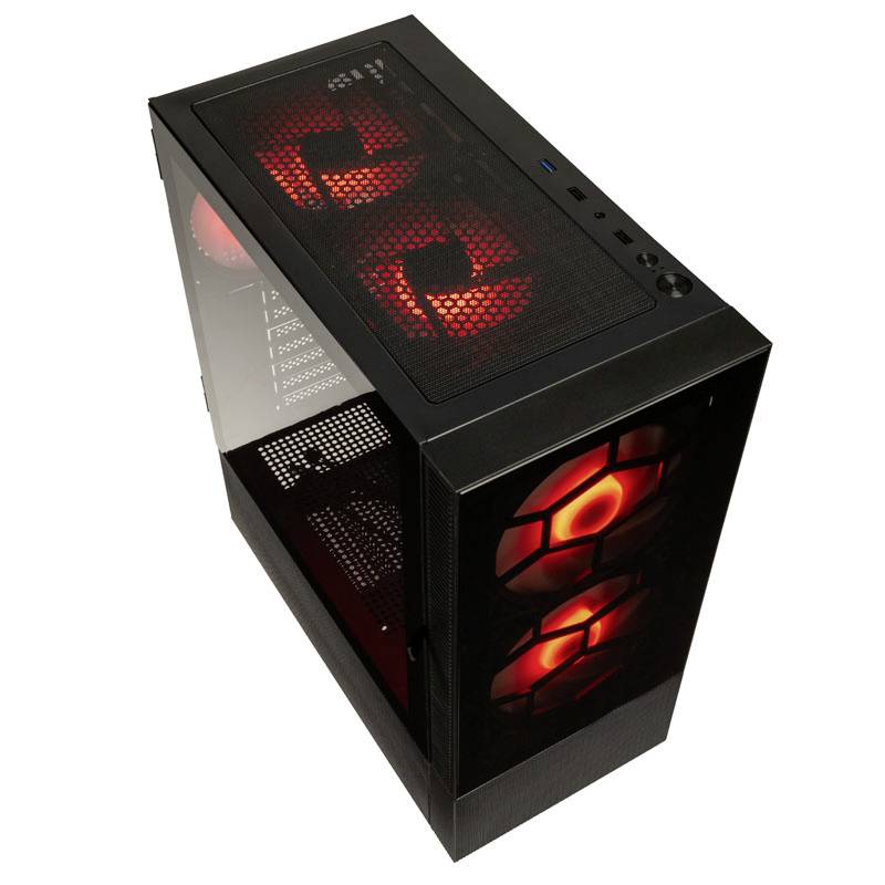 PC da gaming con custodia in materiale trasparente, tre ventole frontali e diverse ventole superiori, illuminate di rosso.