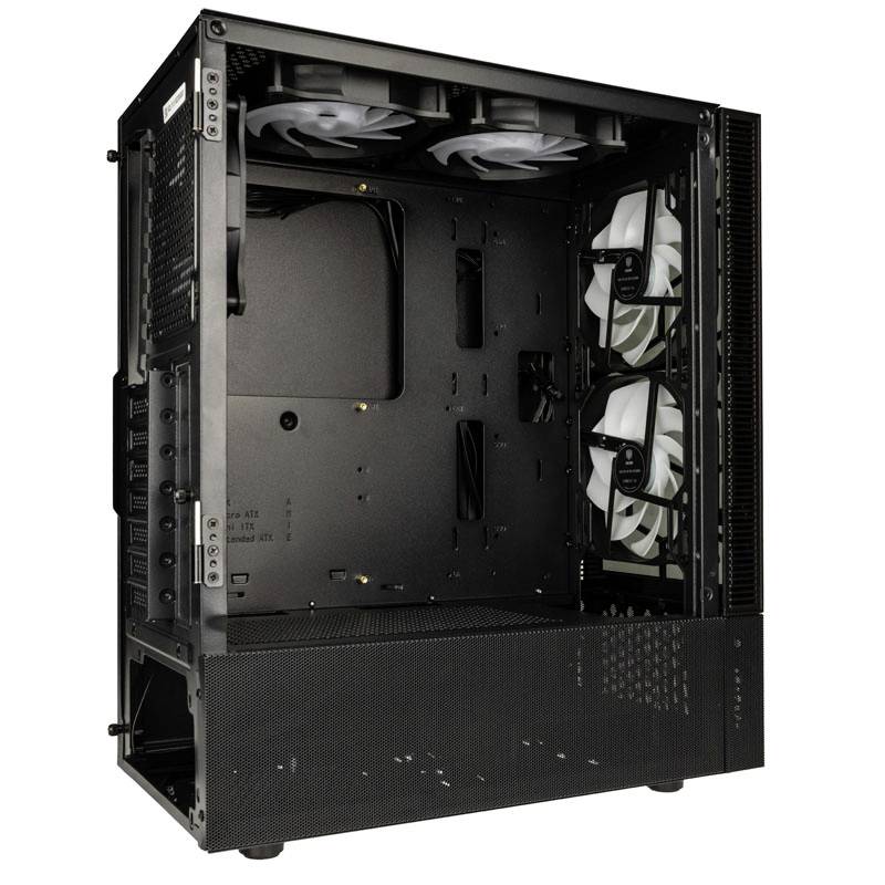 Un case nero per computer con tre ventole integrate. Offre spazio per una scheda madre e vari componenti.