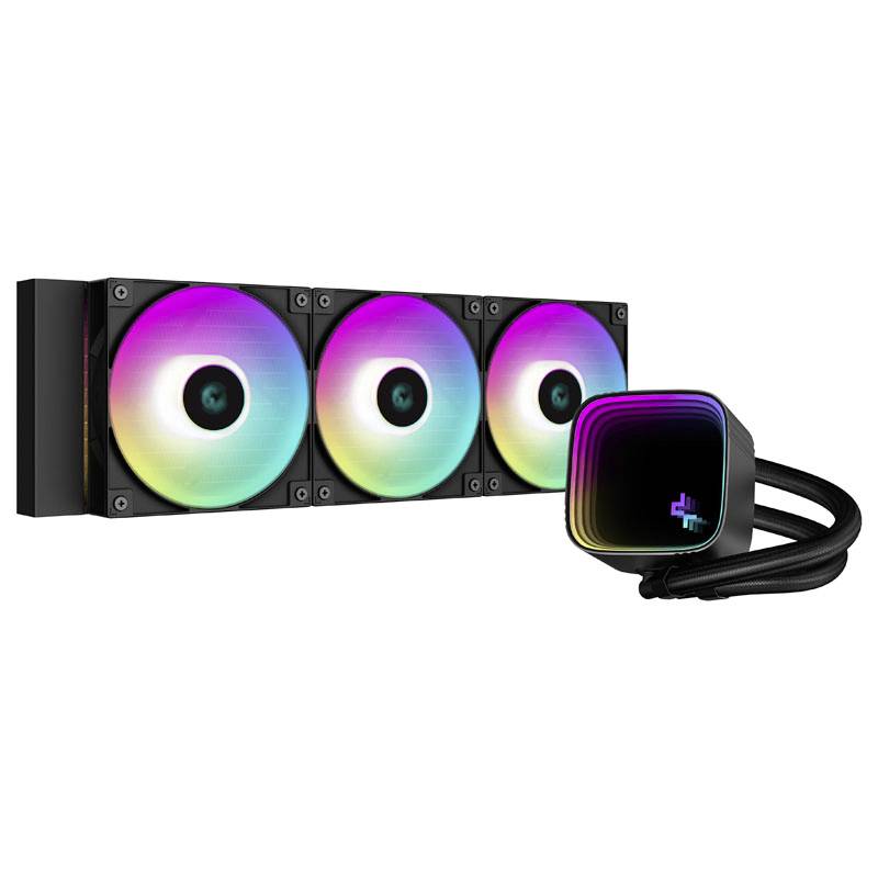 Tre ventole RGB in un sistema di raffreddamento con dissipatore di calore illuminato, idoneo per il raffreddamento dei processori dei computer.