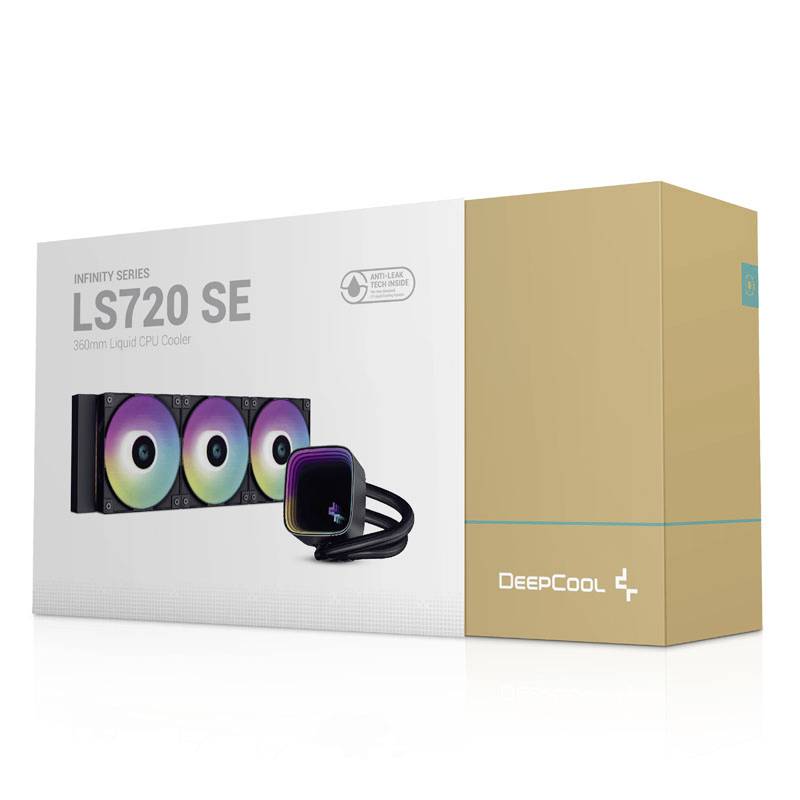 Confezione del DeepCool LS720 SE, raffreddatore liquido per CPU da 360mm con ventole RGB, mostrata insieme all'immagine del prodotto e al logo del marchio.