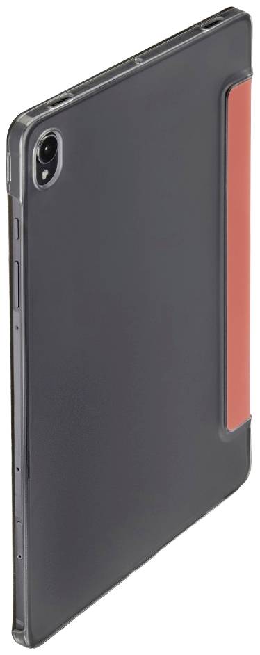 Tablet nero con un accento rosso sul retro, in posizione verticale.
