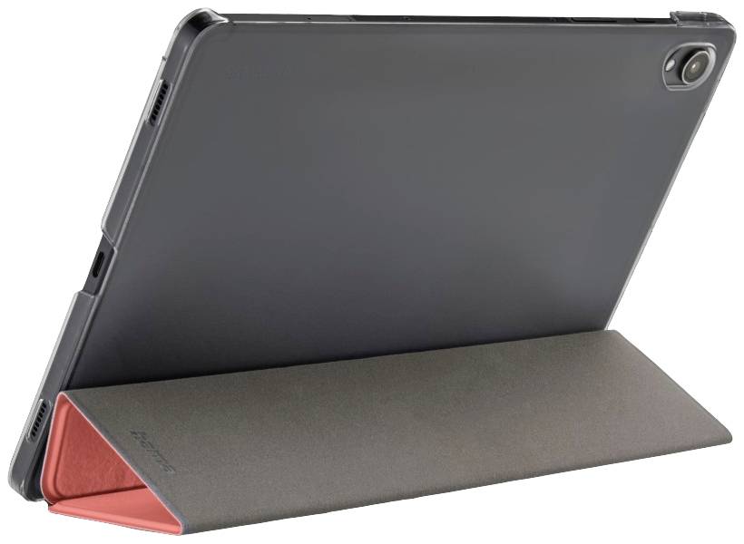 Un tablet è posizionato in orizzontale in una custodia nera con un supporto pieghevole rosso, poggiato su una superficie bianca.