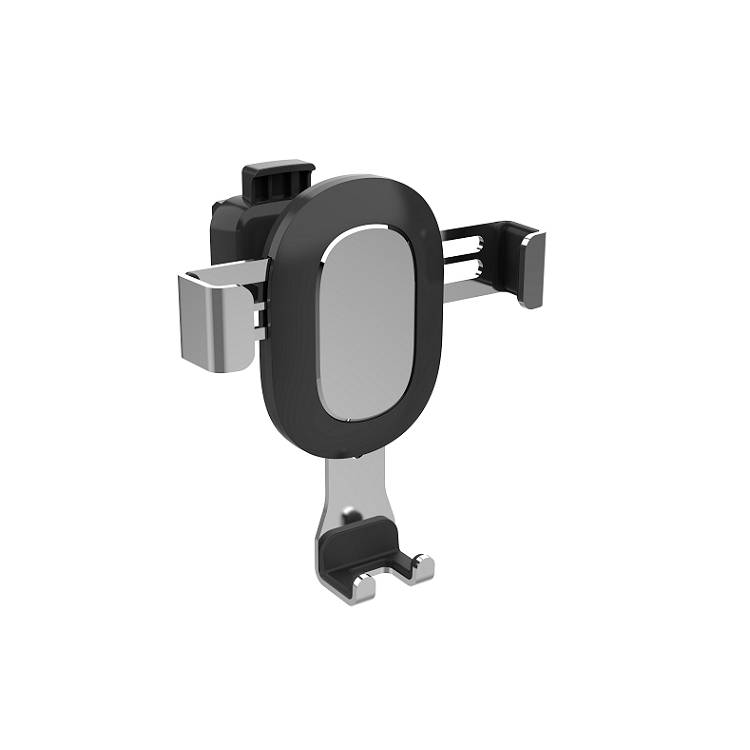 Un supporto per cellulare nero e argento per auto, da fissare alla griglia di ventilazione, adatto a diversi formati di smartphone.