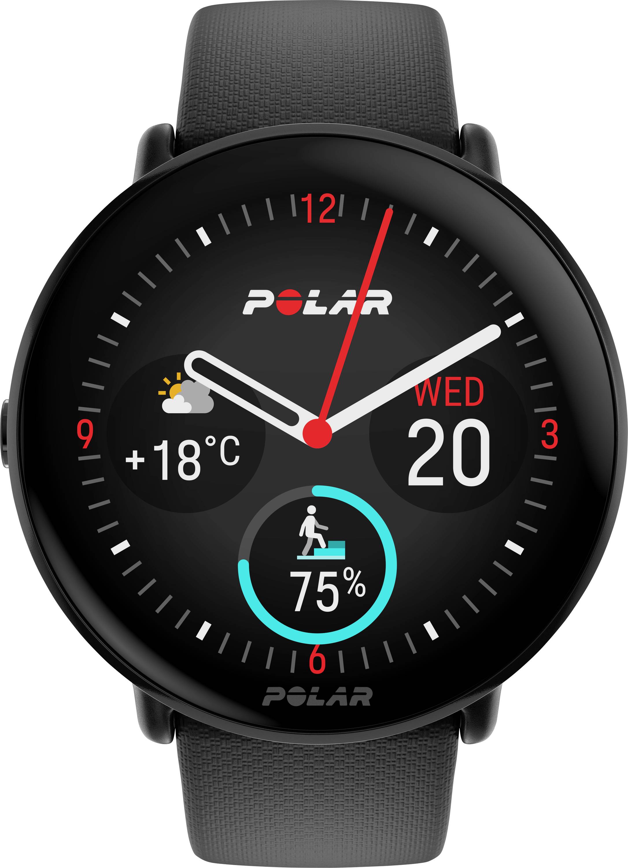 Smartwatch nera con quadrante rotondo. Mostra la data 'Mer, 20', temperatura '+18°C', obiettivo di attività al 75% e ora in formato digitale.