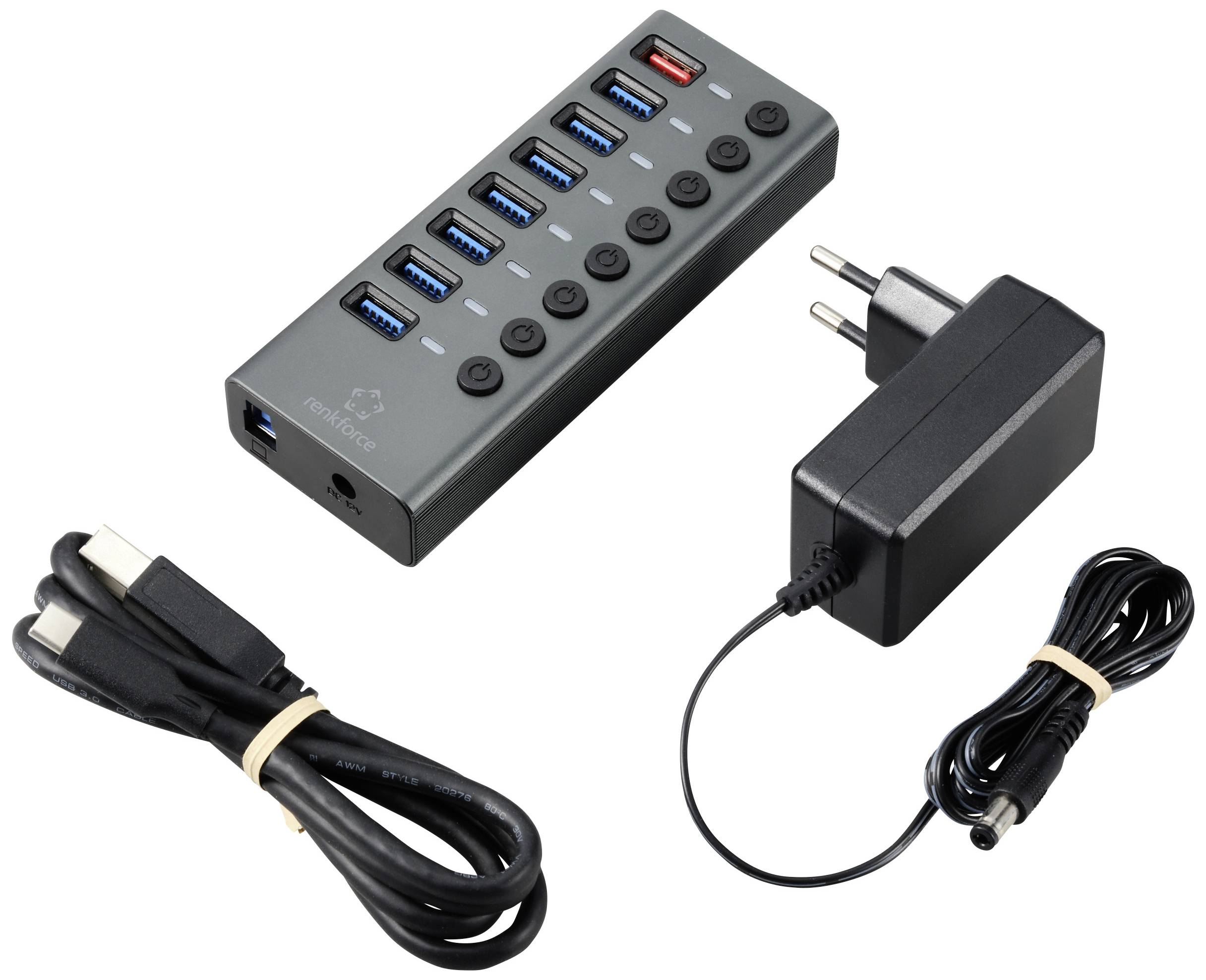 Hub USB con dieci porte, tra cui una rossa per la ricarica rapida. Include un alimentatore e un cavo USB.