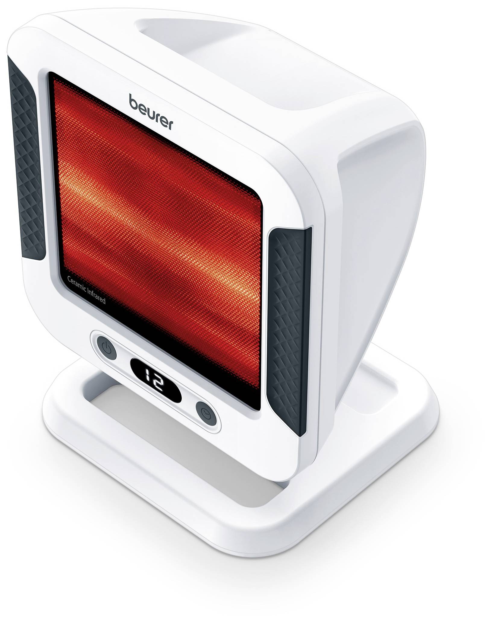 Un riscaldatore a infrarossi bianco con campo riscaldante rosso e display digitale sul lato frontale che mostra il numero '12'. Adatto per il riscaldamento corporeo.