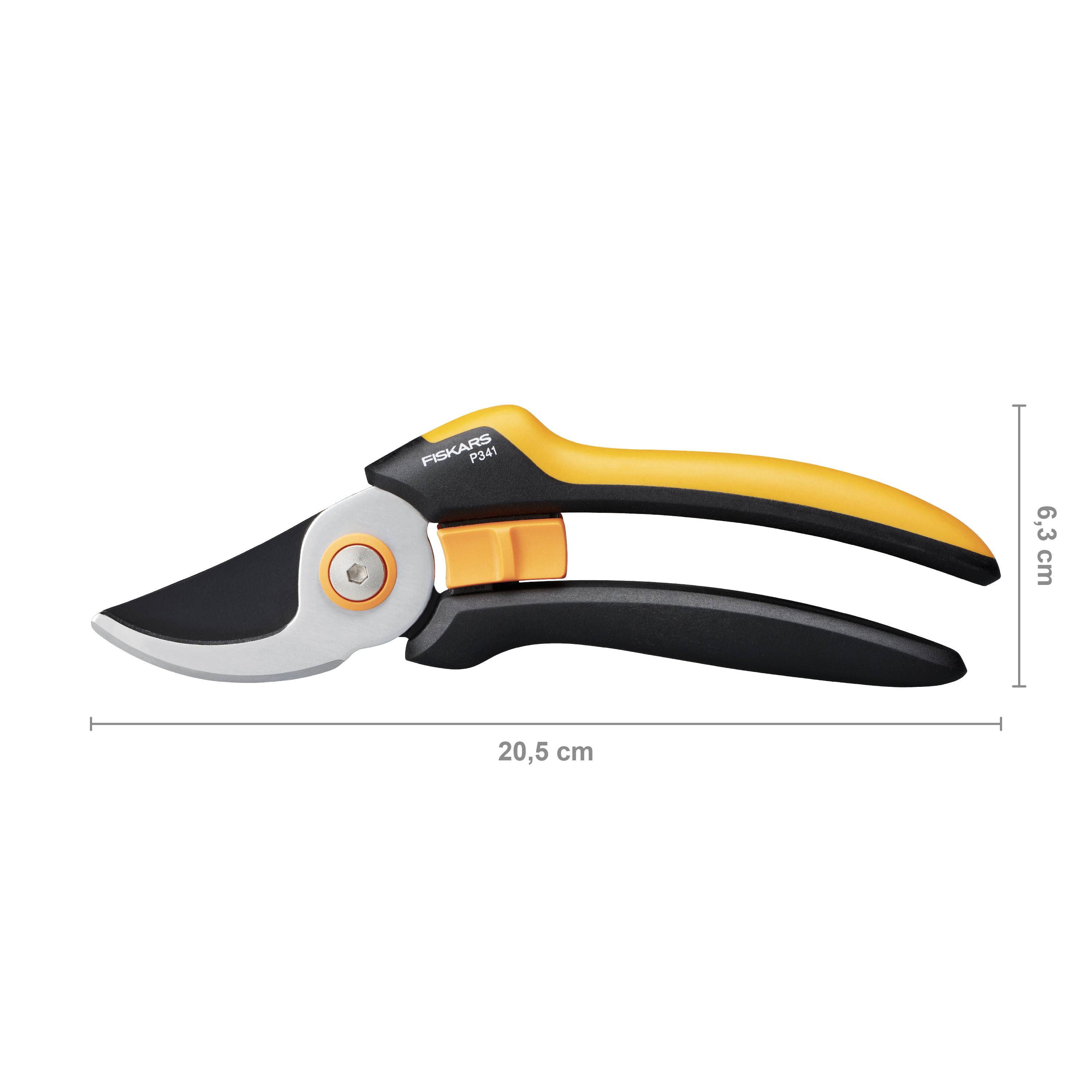'Fiskars Forbici per potatura P341' con impugnatura nera ergonomica. Lunghezza 20,5 cm, altezza 6,3 cm. Lama per un taglio pulito e preciso.