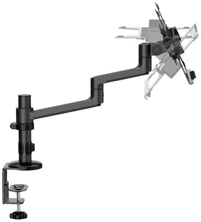Supporto per monitor in metallo nero con braccio snodabile regolabile e morsetto da tavolo. Sostiene un monitor in diverse posizioni.