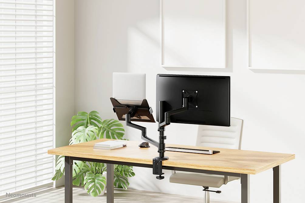 Una scrivania moderna con laptop e monitor su supporto regolabile, circondato da luce naturale e una pianta.