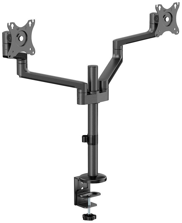Supporto per monitor doppio con due bracci, idoneo per fissare due schermi. Regolabile in altezza e inclinazione, con morsetto da tavolo.