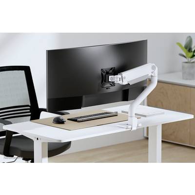 Una scrivania moderna con monitor curvo, tastiera e mouse. Sullo sfondo si trova un armadio bianco per documenti e una pianta in vaso.