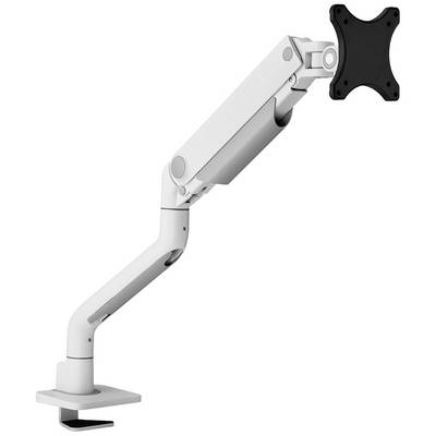 Un braccio porta monitor bianco e regolabile con staffa di fissaggio nera, idoneo per il montaggio di un monitor per computer su una scrivania.