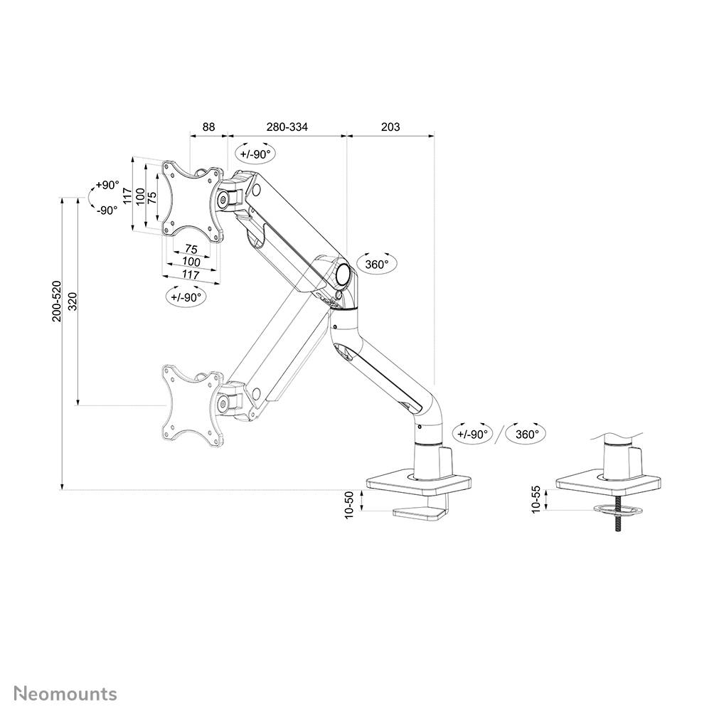 Disegno tecnico di un braccio porta monitor regolabile con misure e angoli di movimento. Mostra dettagli di fissaggio e portata.