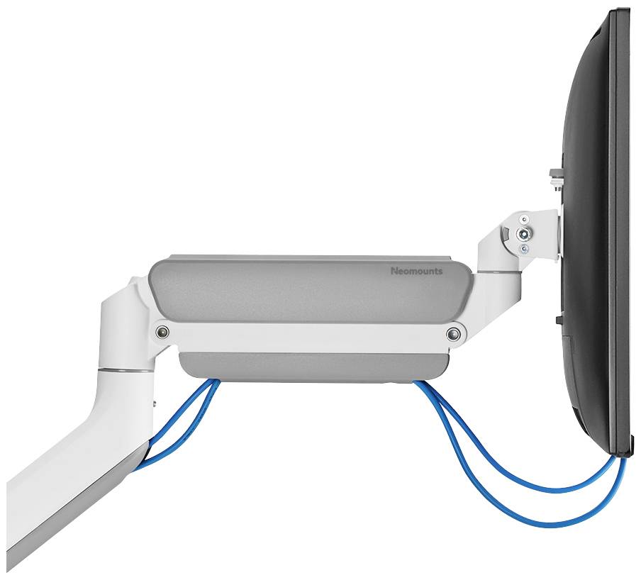 Un braccio porta monitor grigio sorregge uno schermo; cavi blu si estendono lungo il braccio. Adatto per impostazioni di lavoro ergonomiche.