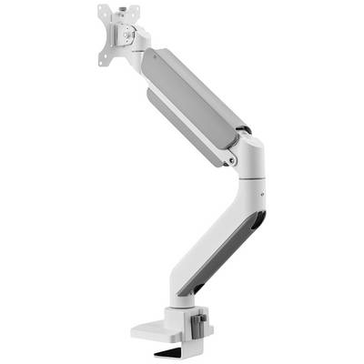 Supporto per monitor in bianco e grigio con braccio regolabile, da fissare a una scrivania. Ideale per posizionamenti flessibili dello schermo.