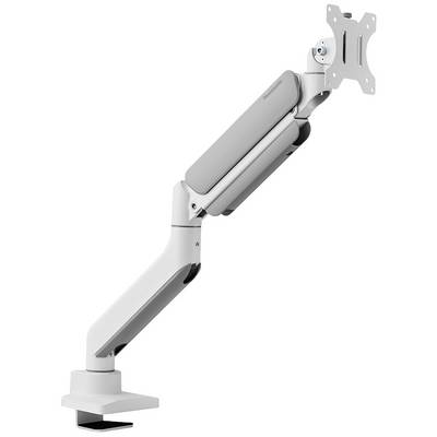 Un braccio monitor ergonomico con struttura articolata flessibile e superficie argento-bianca, idoneo al fissaggio su scrivanie.