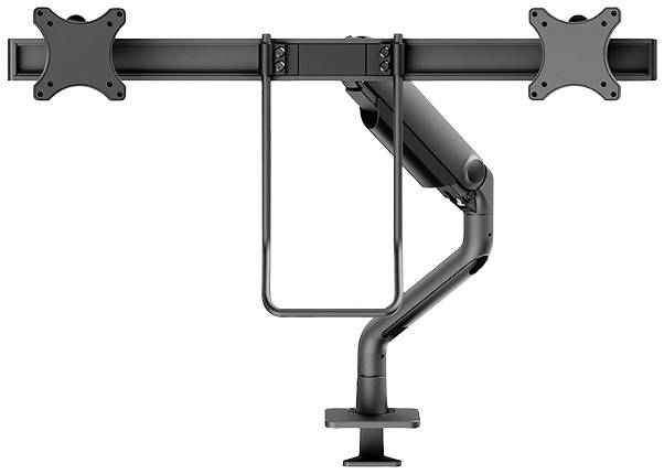 Supporto per monitor con due attacchi VESA, braccio regolabile e morsetto per il fissaggio al tavolo. Idoneo per configurazione doppio monitor.
