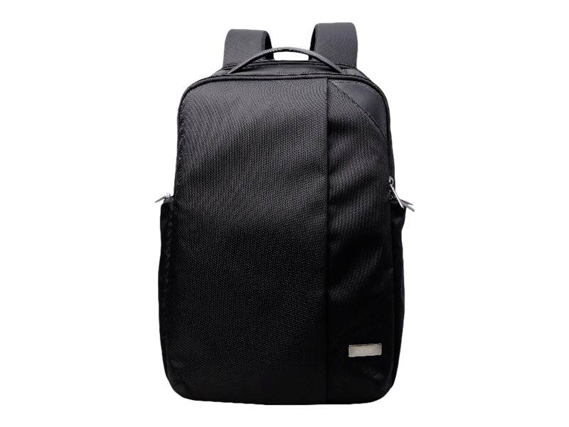 Zaino nero dal design minimale, con due cinghie imbottite per le spalle e una zip superiore per l'uso quotidiano.