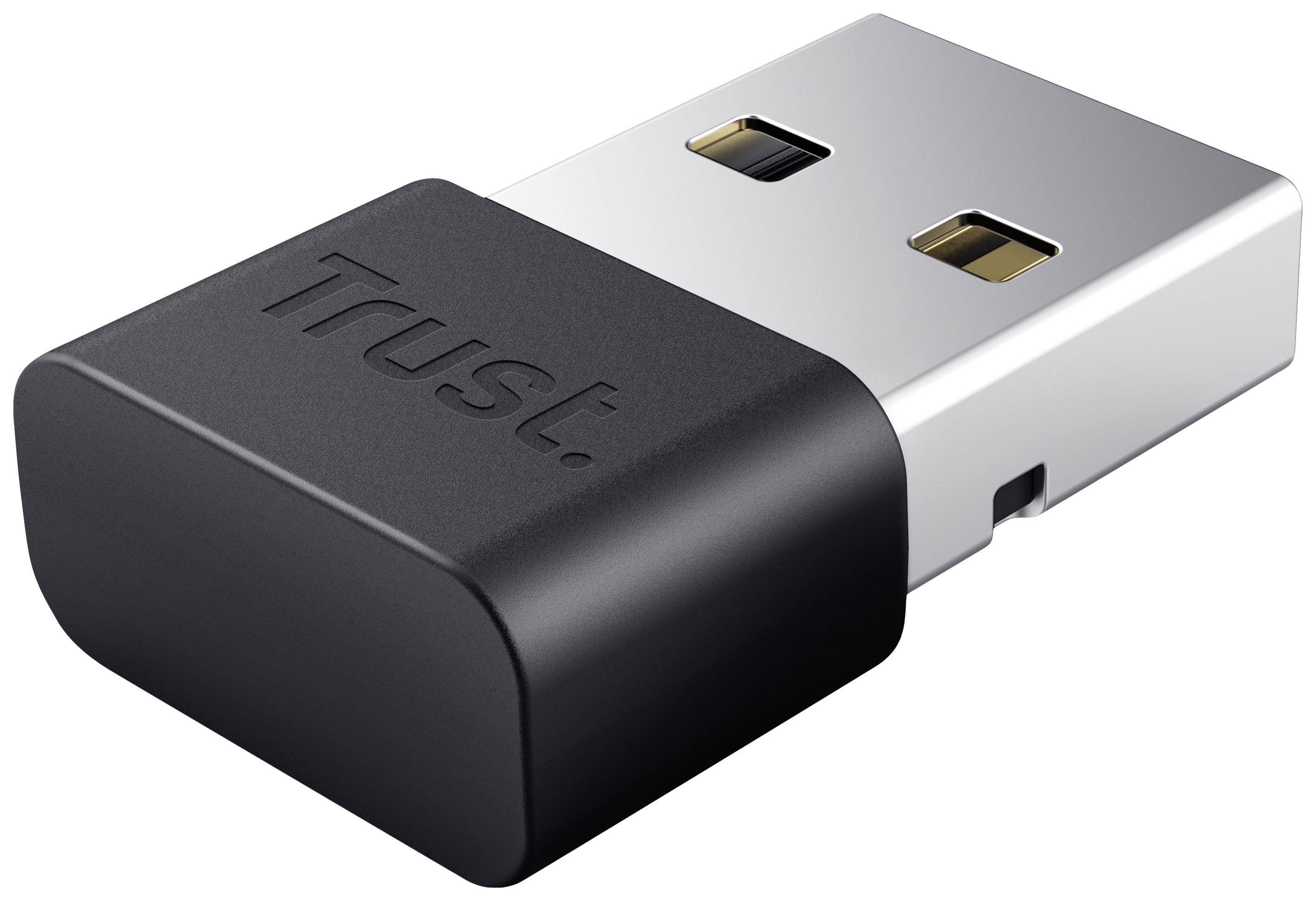 Un dongle USB con involucro nero in plastica e contatti argentati. Scritta 'Trust' sull'involucro.