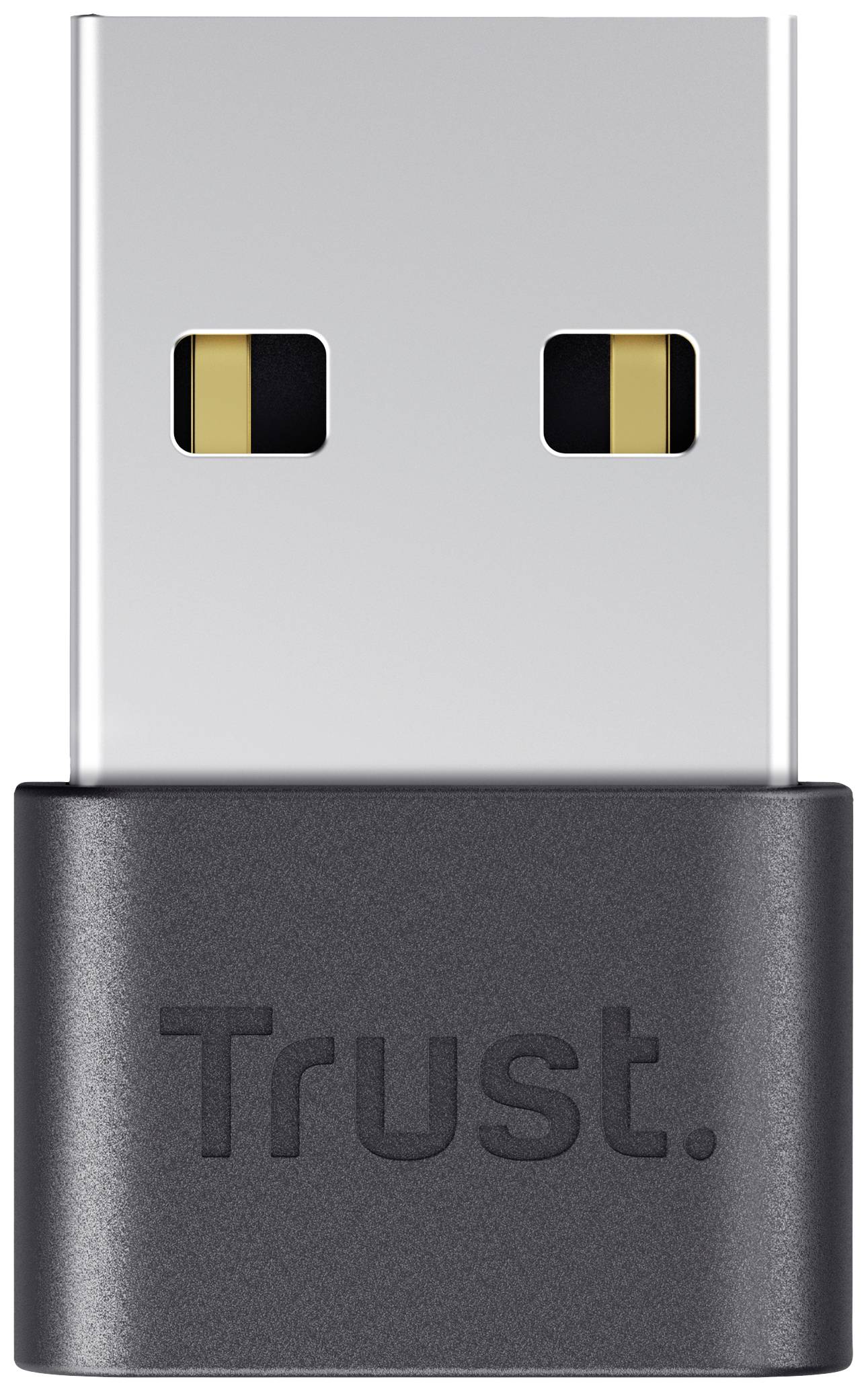 Dongle USB con la scritta 'Trust.', compatto e nero, per connessioni wireless.