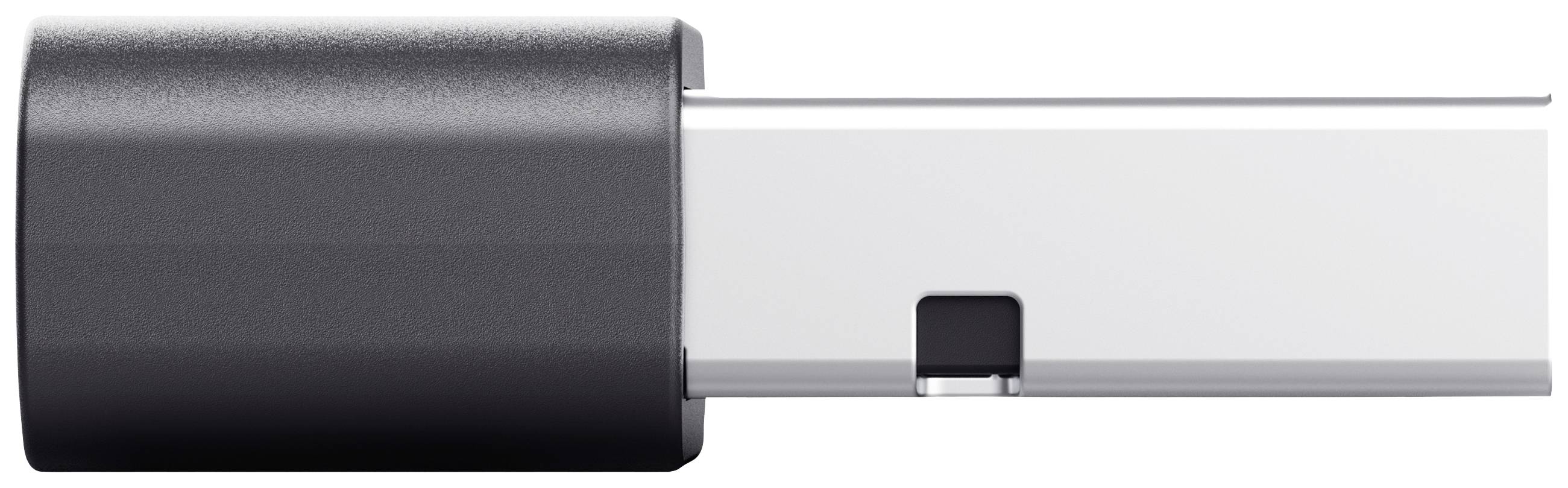 Una chiavetta USB con cappuccio nero e connettore argentato è posizionata orizzontalmente su una superficie bianca.