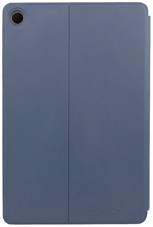 Un guscio blu per tablet con cucitura verticale e ritaglio per la fotocamera in alto a sinistra.