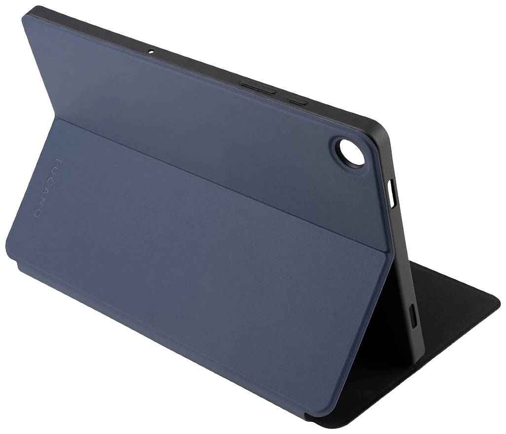 Tablet con una custodia blu scuro che funge da supporto. La custodia è leggermente aperta su un lato per consentire un angolo di visione migliore.