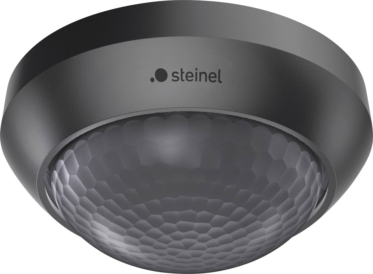 Sensore di movimento a soffitto Steinel nero con lente a cupola, mostrato su sfondo bianco.