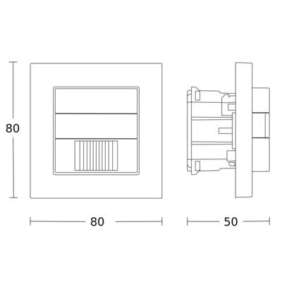 Diagramma tecnico in bianco e nero di un elemento rettangolare al centro e un cilindro a destra. Mostra dimensioni e forme.