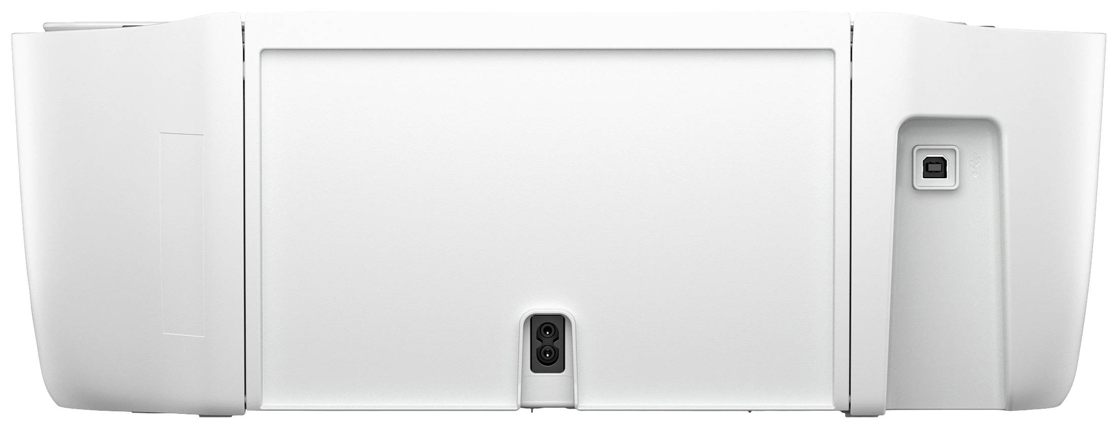 Retro bianco di una stampante con porte di connessione visibili e un attacco per il cavo di alimentazione al centro.