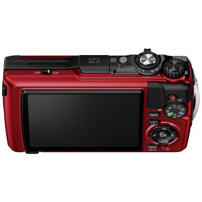 Fotocamera digitale rossa vista da dietro con ampio display, diversi pulsanti e una ghiera di selezione, adatta per fotografia e riprese video.