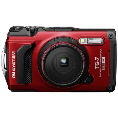 Fotocamera digitale rossa con obiettivo al centro, flash in alto a destra e tasti di controllo sul lato. Adatta per fotografia all'aperto.