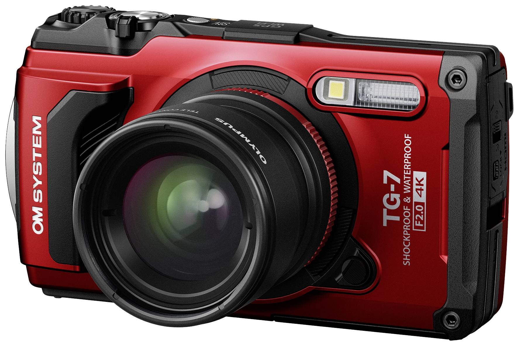 Fotocamera robusta, antiurto e impermeabile con obiettivo grandangolare, con scritta 'TG-7 F2.0 4K', ideale per fotografia in esterno.