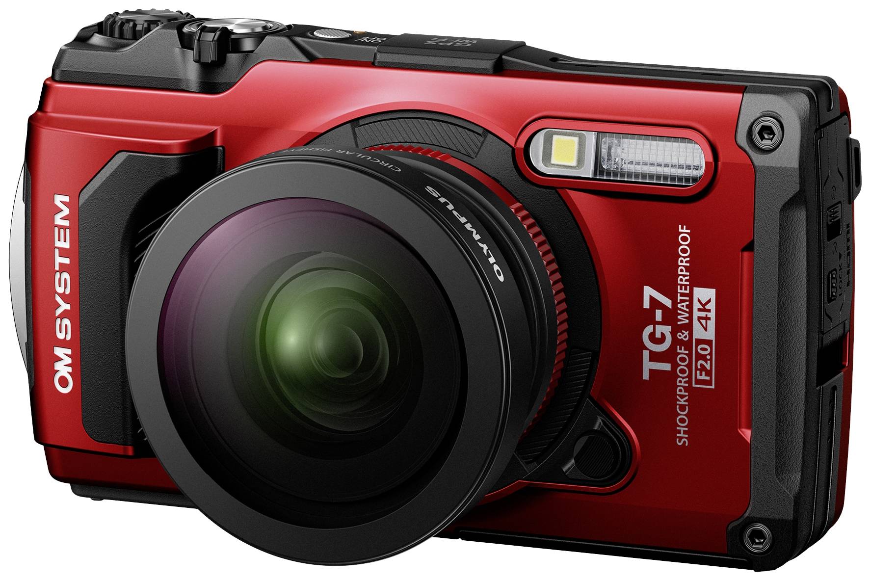 Fotocamera digitale rossa, design robusto. Iscrizione: 'OM SYSTEM TG-7, impermeabile, antiurto, F2.0, 4K'.