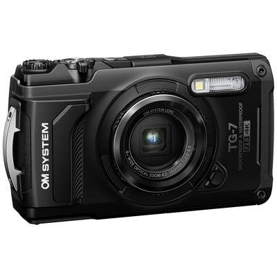 Fotocamera nera robusta con obiettivo zoom. Marcata 'OM System' e 'TG-7'. Adatta per avventure all'aperto grazie alla sua resistenza agli urti.