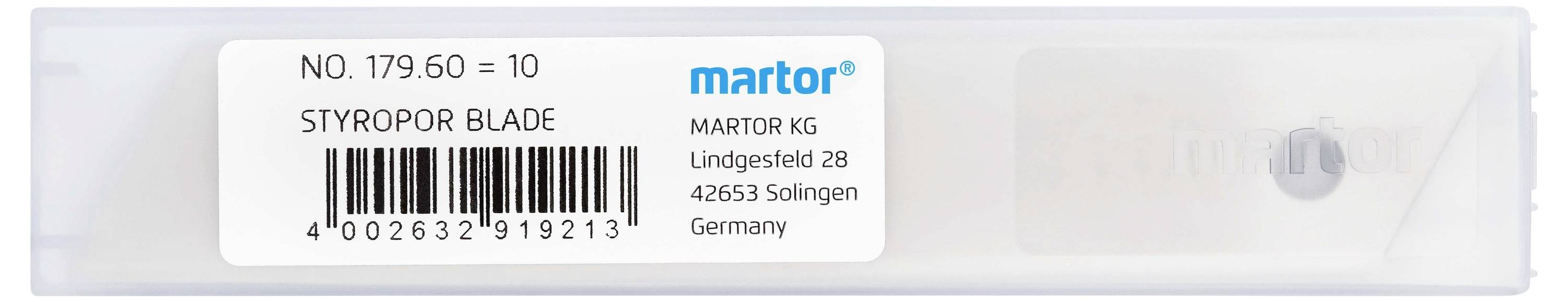 'Martor Styropor Blade', Numero articolo 179.60. Contiene codice a barre e indirizzo: Lindgesfeld 28, 42653 Solingen, Germania.