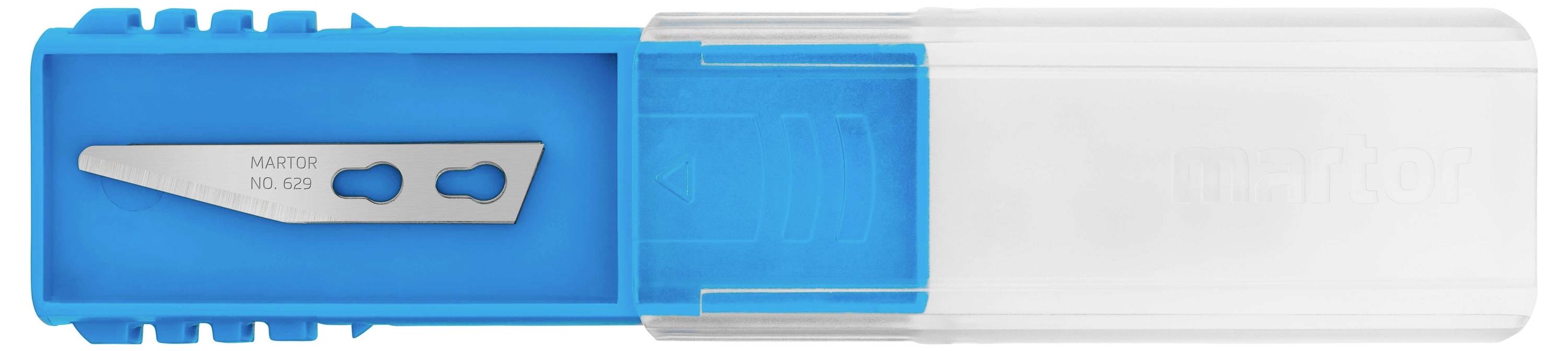 Contenitore blu e trasparente in plastica con lama di ricambio.