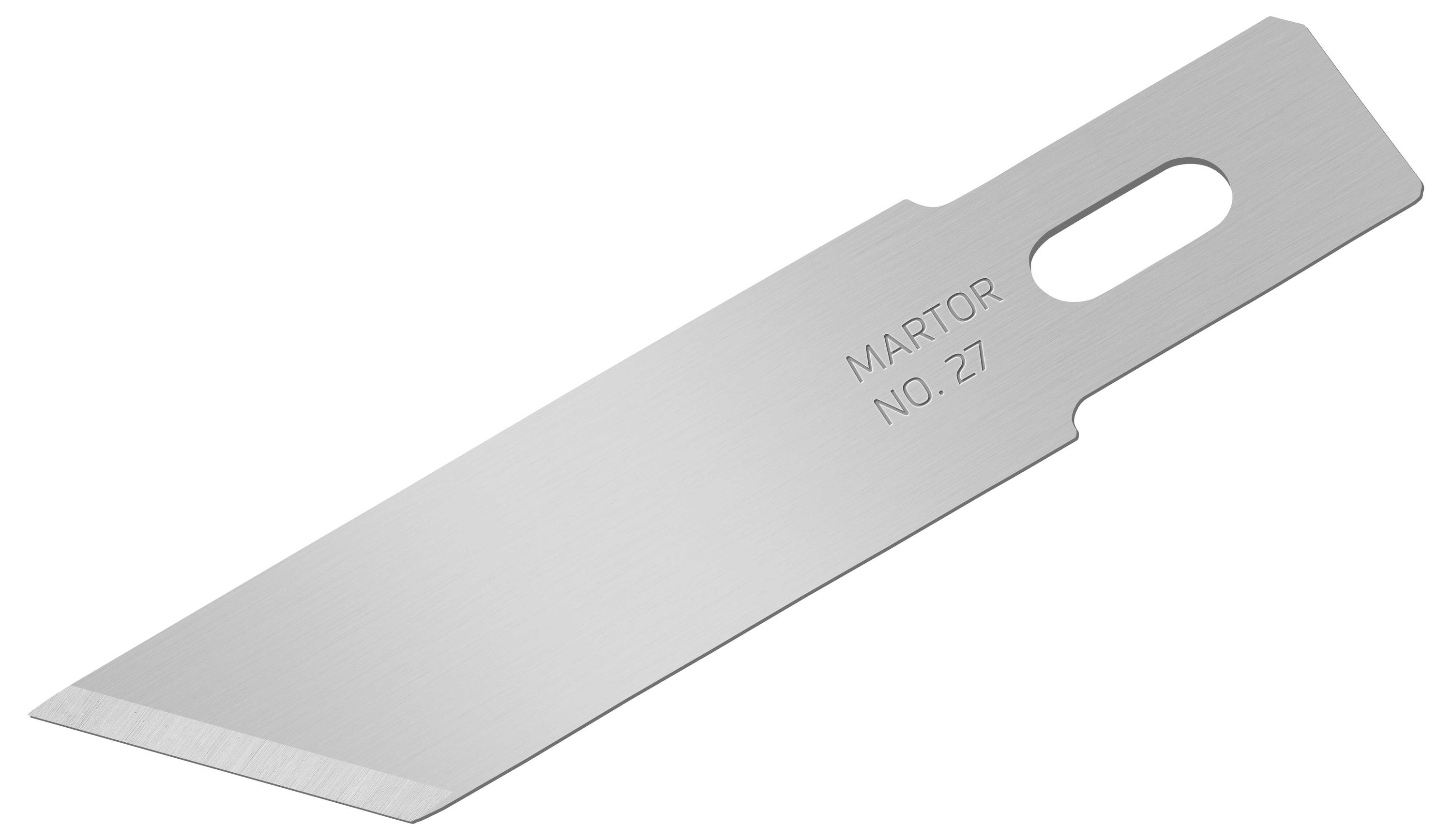 Una lama di ricambio argentata con la scritta 'Martor No. 27', taglio affilato a sinistra.