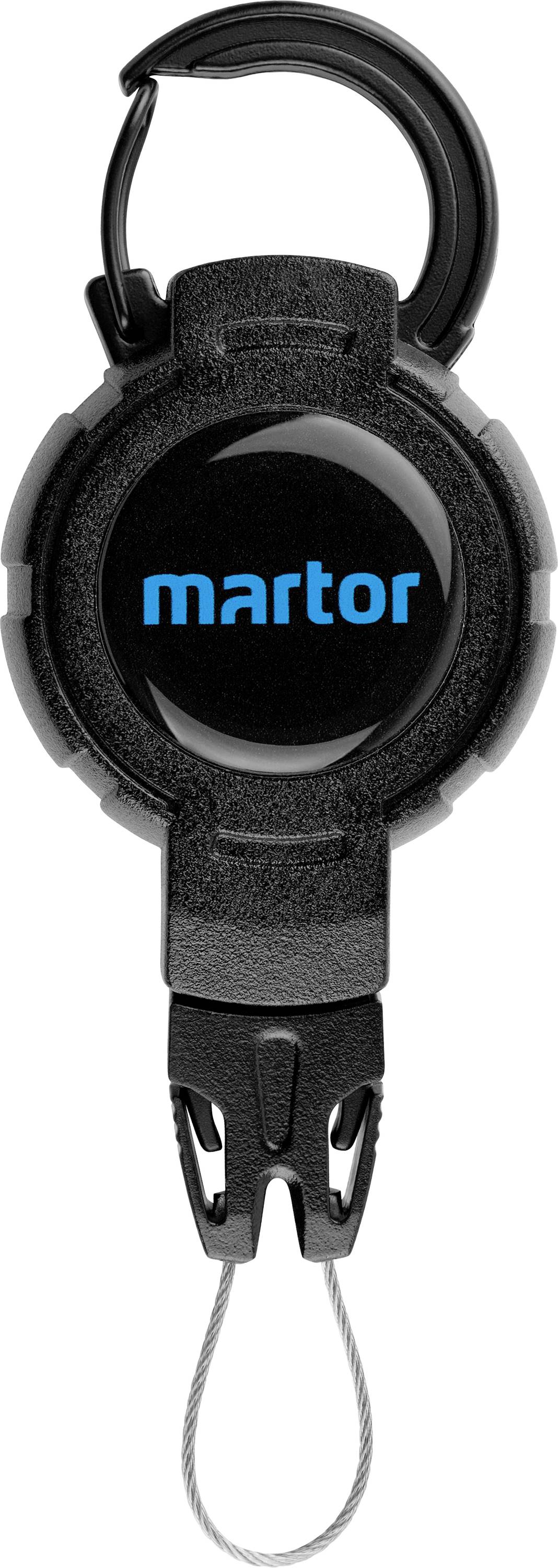 Un portachiavi nero con logo 'martor' in blu. In alto è presente un moschettone, in basso un cordino con asola.