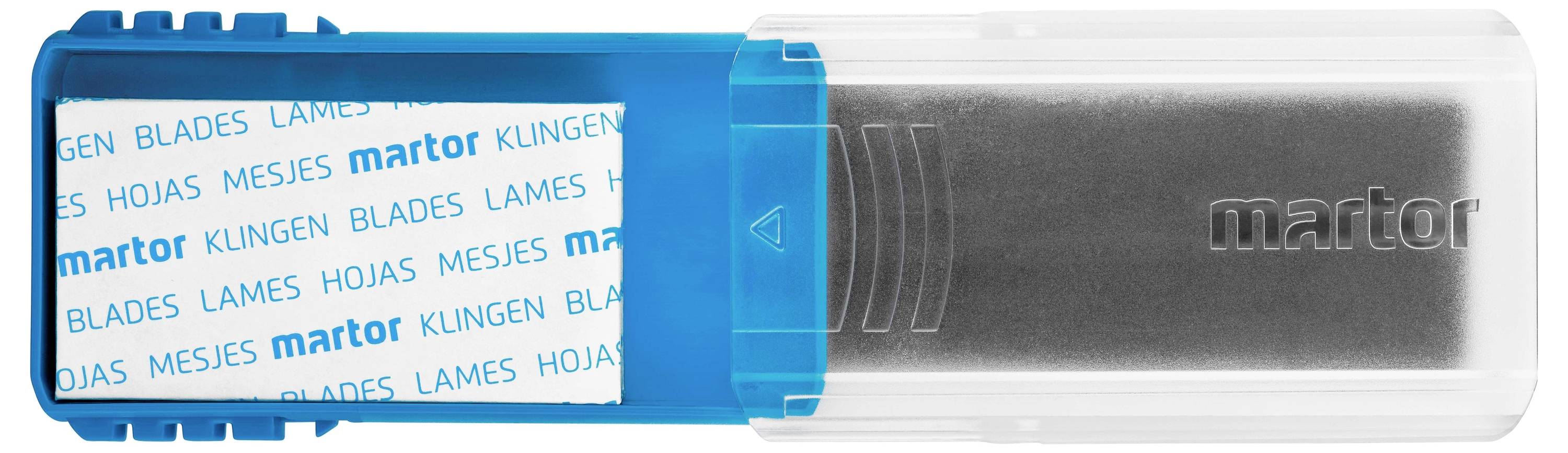 Custodia blu in plastica con lame di ricambio Martor e coperchio trasparente. Testo sulla confezione delle lame: 'Lame' in più lingue.