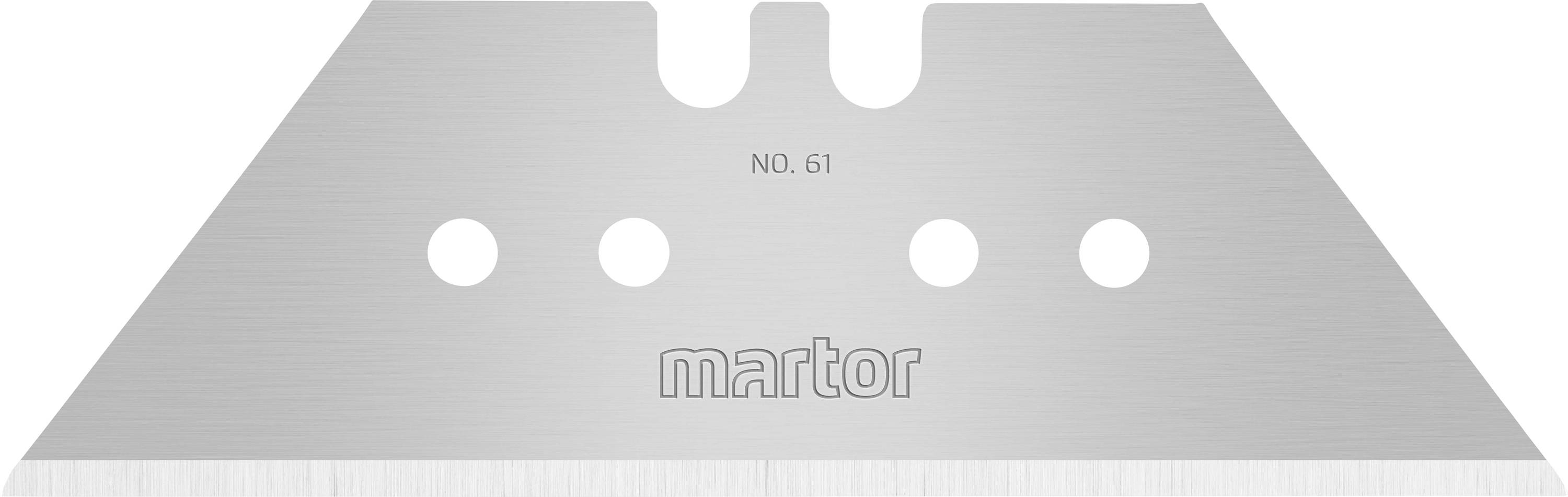 Lama con tre fori rotondi e l'iscrizione 'martor NO. 61'. Metallo argentato, forma prevalentemente rettangolare.