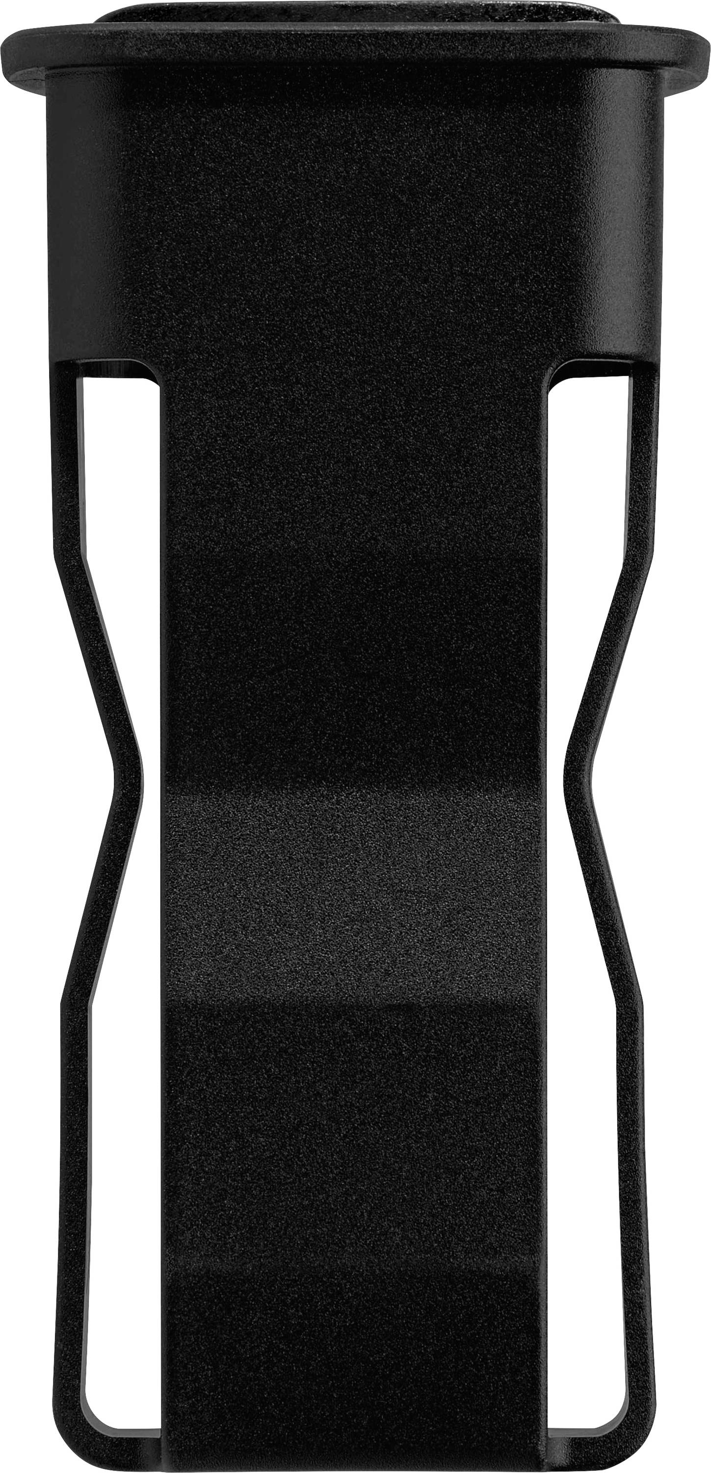 Clip per cintura nero, metallico, con orientamento verticale. Superficie liscia con fessura di fissaggio sul retro.