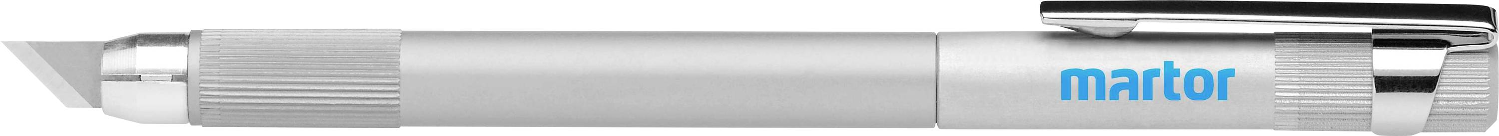Coltello di sicurezza argentato con lama e scritta 'martor' in blu, ideale per il taglio preciso dei materiali.
