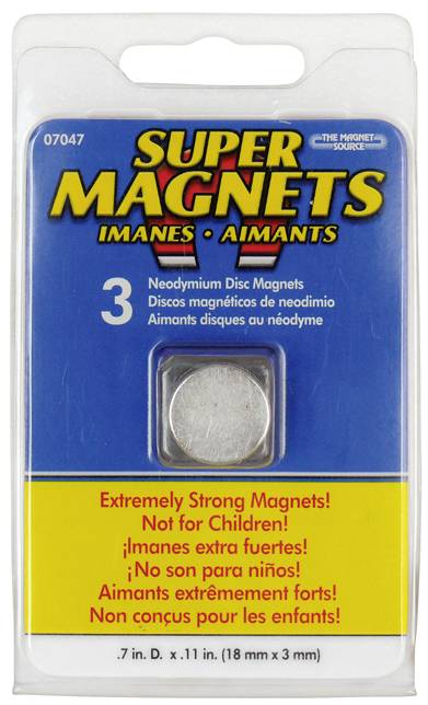 Confezione di 'Super Magneti' con un magnete a disco in neodimio, adatto per adulti, non per bambini. Avvertenze sulla parte anteriore della confezione.