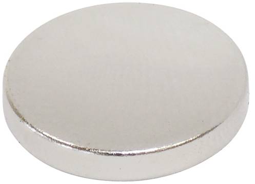 Un disco rotondo, piatto, argentato, simile a un magnete o a una batteria.