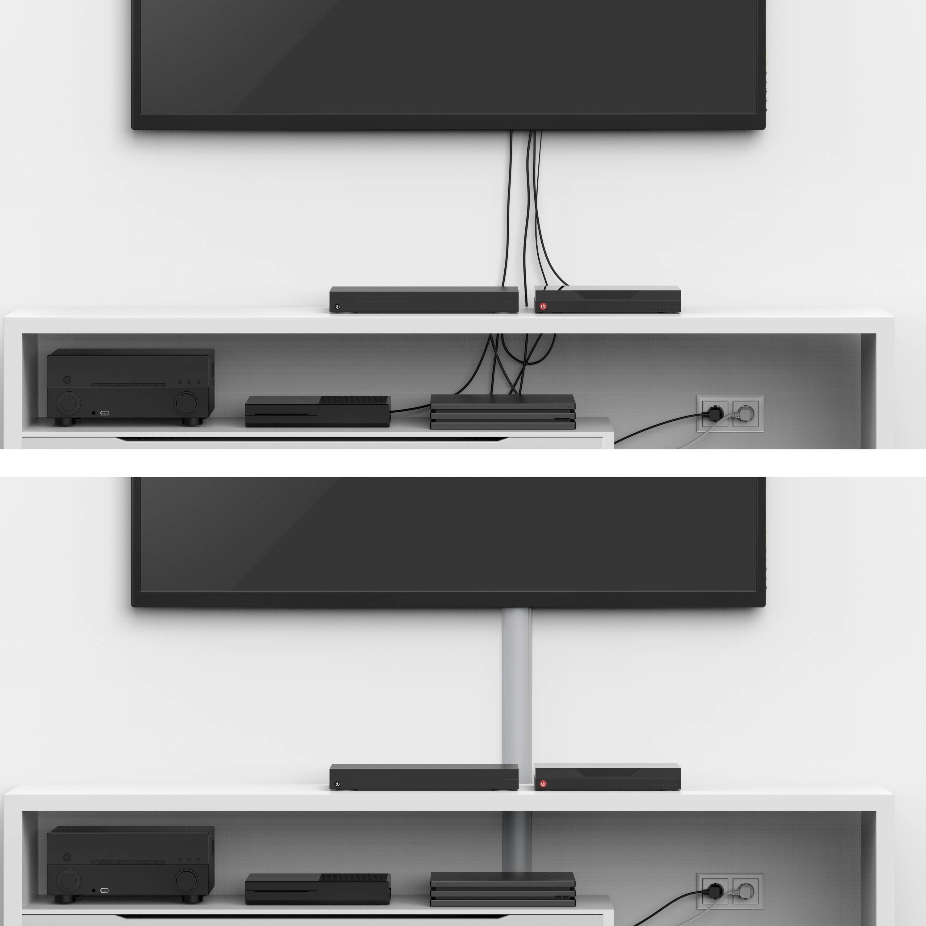 Due installazioni di televisori a confronto: sopra cavi appesi liberamente, sotto cavi nascosti ordinatamente in un canale.