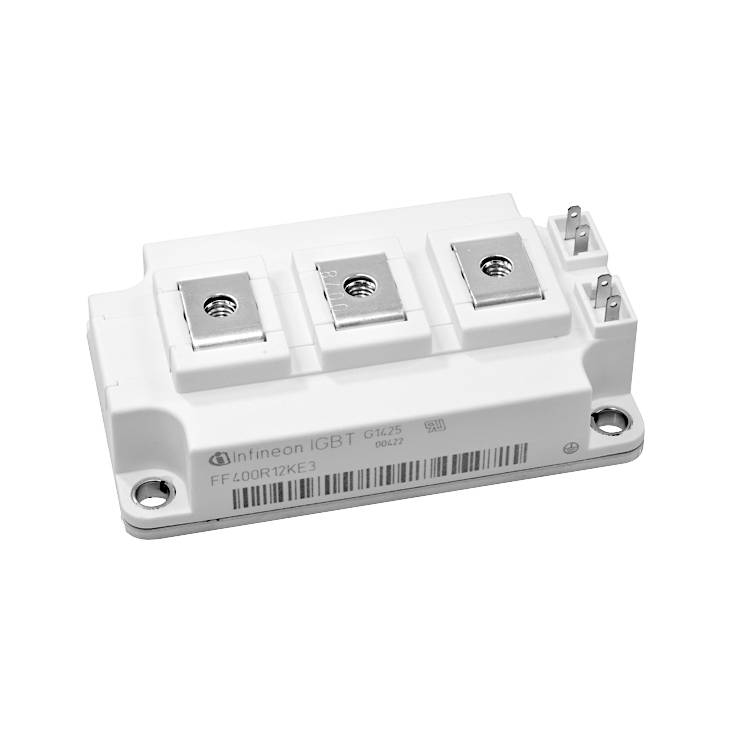Un componente elettronico bianco con connettori, etichettato 'Infineon IGBT' e numero di modello. È utilizzato per il controllo dell'elettronica di potenza.