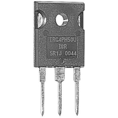 Un componente elettronico nero e rettangolare con tre pin metallici nella parte inferiore. Sopra i pin è riportata la scritta 'IRG4PH50U'.