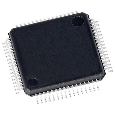 Un microchip nero con molti pin argentati sui lati, posato su una superficie bianca.